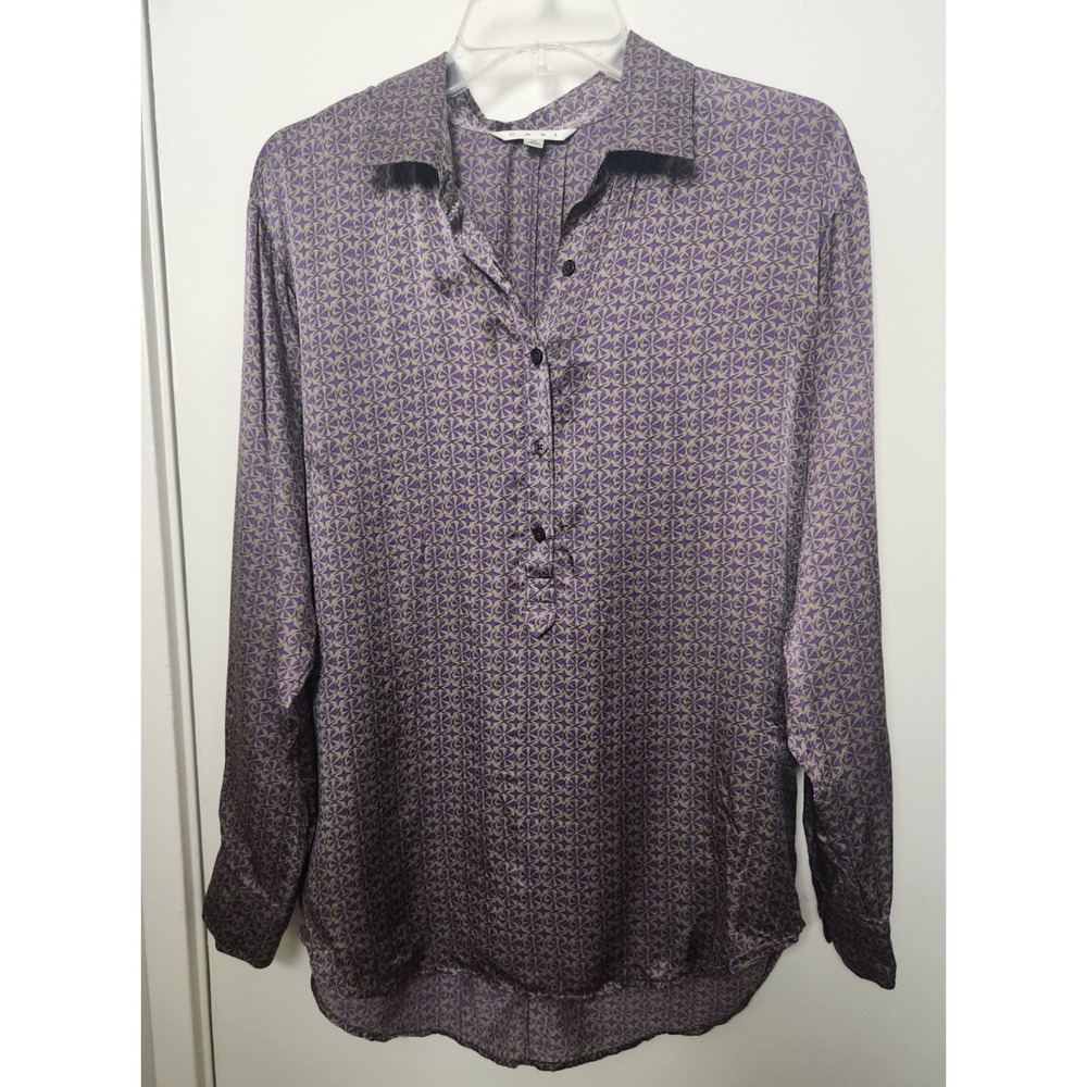 Cabi‎ 100% Silk Purple Geometric Long Sleeve Henley Half Button Down Blouse Med